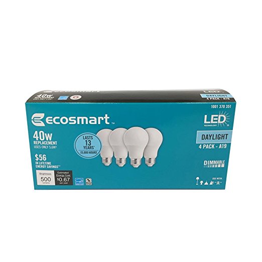 EcoSmart 40W Equivalent Daylight A19 Energy Star and Dimmable LED Light Bulb (4-Pack)