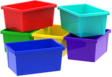 Storex 61515U06C Classroom Storage Bin, Assorted Colors, Case of 6, 5.5 Gallon; 16.75 x 11.88 x 8.25 Inches