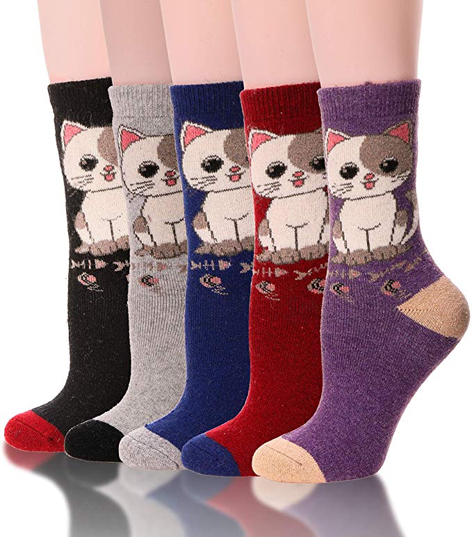 Womens Wool Socks Thick Heavy Thermal Winter Warm Fuzzy Cute Crew Socks For Cold Weather 5 Pack