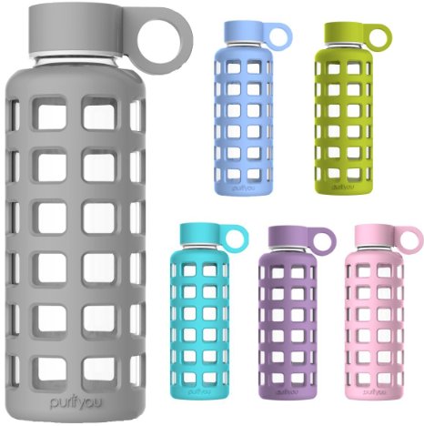 purifyou Premium Glass Water Bottle with Silicone Sleeve, 12 / 32 oz