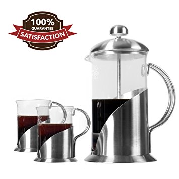 French Press Coffee, Tea & Espresso Maker By Pura Vida - Durable 304 Stainless Steel Construction - 20 Ounce /5 Cup Serving Capacity - 4 Mesh Screens - 100% Ground & Tea Free, Rich Flavor - Gift Box