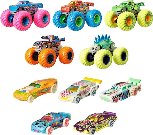 Hot Wheels Monster Trucks Glow in the Dark Multipack with 10 Toy Vehicles: 5 Monster Trucks & 5 1:64 Scale Cars, Collectible Toy for Kids Ages 4 to 8 Years Old