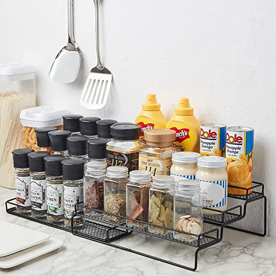 JANE EYRE 3-Tier Expandable Spice Rack Cabinet Storage Organizer, Adjustable Kitchen Countertop Organizer, Cans & Jars Step Shelf with Protection Railing (12.5 to 25" W), Black