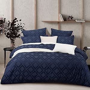 PHF Tufted Duvet Cover Set Full, 3 PCS Ultra Soft Fluffy Boho Comforter Cover with Pillow Shams, 100% Washed Microfiber Fabric Duvet Cover with Diamond Pattern(80”x90”, Full Size, Navy Blue)