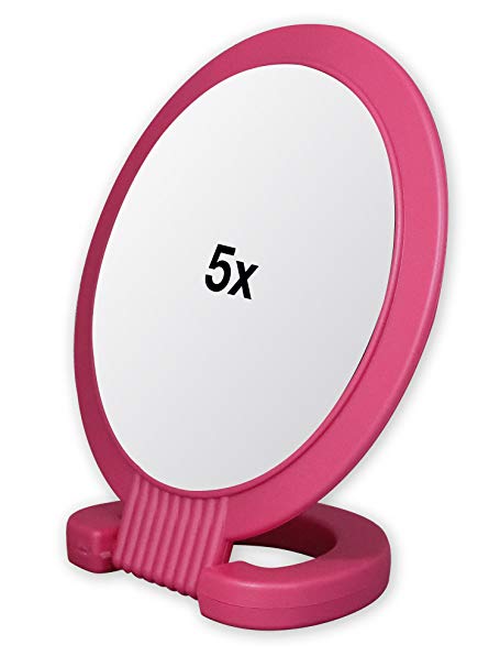 Double Sided Pedestal Mirror Stand - Vanity Round Mirror with 1x and 5x Magnification - Adjustable Handle and Portable Free-Standing Mirror for Travel, Shaving, Bathrrom, Tabletop, Makeup (Pink)