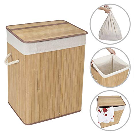 WOWLIVE Bamboo Laundry Hamper Basket with Lid Handles Removable Liner Dirty Clothes Organizer Foldable Easily Transport Rectangular Washing Bin (61L,Natural)