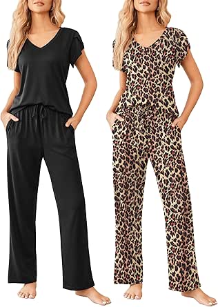 Ekouaer 2 Pack Womens Pajamas Short Sleeve Sleepwear Top with Pants Super-Soft Printed Lounge Sets S-XXL