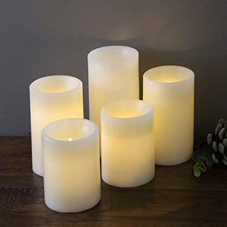 MARTHA STEWART Flameless LED, Pillar Candles, Ivory with Batteries, 5 Piece Set
