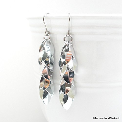 Chainmaille earrings, long silver earrings, shaggy scales earrings