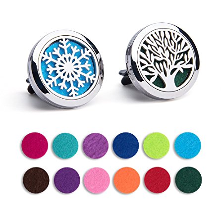 2PCS Car Air Freshener Aromatherapy Essential Oil Diffuser Vent Clip Stainless Steel Locket with 12 Felt Pads (Tree of life   Snowflake)