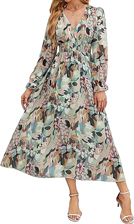 Women 2024 Floral Maxi Dress, Casual Long Sleeve V-Neck Empire Waist Fall Dress, Flowy Boho Wedding Guest Dress