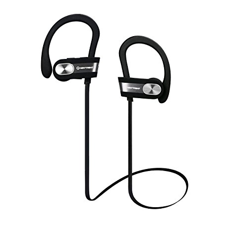 Bluetooth Headphones, New Trent Bluetooth 4.1 Sport HD Stereo Headset In-ear Earbuds Earphones with Flexible Ear Hooks (Black   Silver)