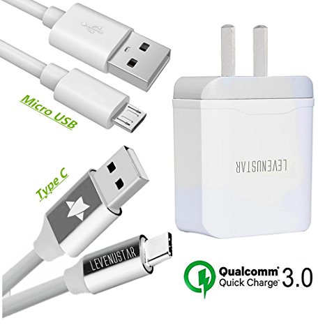 Quick Charge 3.0 Wall Charger, LeVenustar Travel Rapid Fast Wall Charger with USB C Cable   Micro USB Cable for Galaxy S7/S6/Edge/Plus, Note8, LG G5,G6, HTC 10,Nokia 8 and More - White