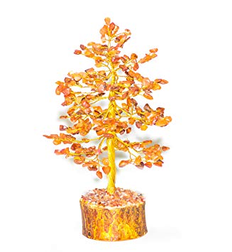 Crocon Natural Healing Gemstone Crystal Bonsai Fortune Money Tree for Good Luck, Wealth Health & Prosperity Spiritual Gift Size-10 INCH (Carnelian (Golden Wire))