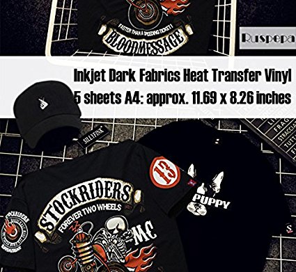 Ruspepa Inkjet Iron-on Black or Dark Fabric T-Shirt Transfers, Inkjet Printable Transfer Paper, A4 Sheets 5 Pack