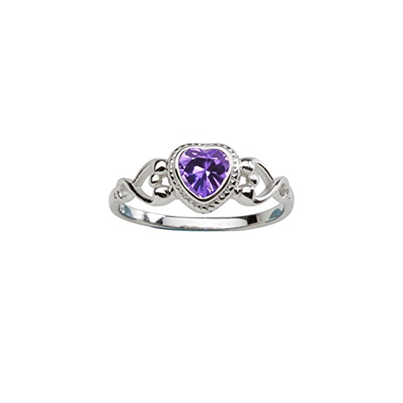 Sterling Silver February CZ Simulated Birthstone Baby Ring with Heart