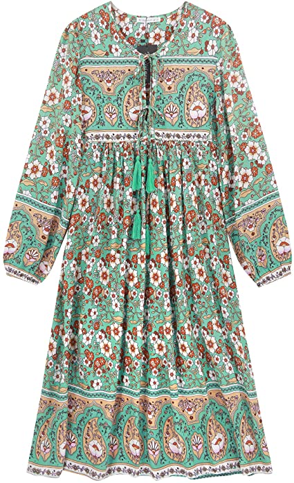 R.Vivimos Women's Long Sleeve Floral Print Retro V Neck Tassel Bohemian Midi Dresses