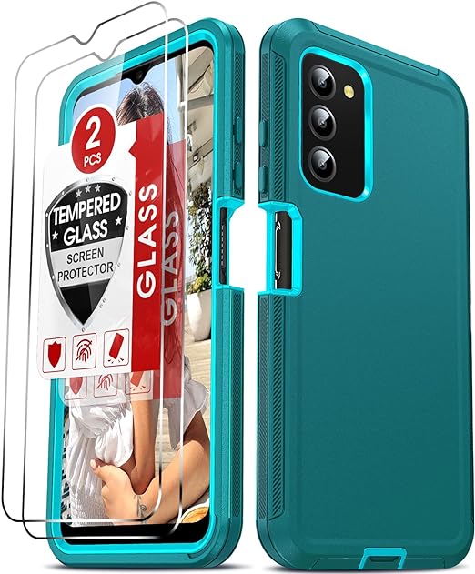 LeYi for Samsung Galaxy A03S Phone Case: AO3S Case with 2PCS Tempered Glass Screen Protectors, 3 in 1 Full Body Shockproof Rubber Dustproof Rugged Defender Case(Not Fit A03/ A03 Coer), Teal Blue