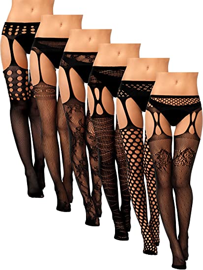 women suspender fishnet stockings lace pantyhose tight black garters belt suspender thigh high fishnet valentine halloween(Mixed Color Design, Medium)