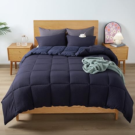 KASENTEX Winter Warmth Quilted Comforter Set Twin with 1 Pillow sham, Cozy Soft Seersucker Bedding Set Textured, Down Alternative Fill(Twin/Twin XL Set, Navy)