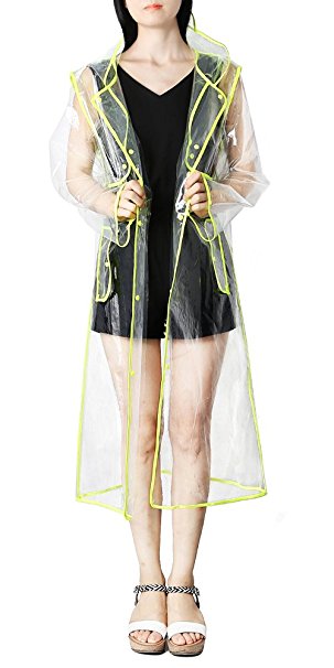 Zicac Womens Girls' Transparent Long Raincoat Hooded Rain Jacket