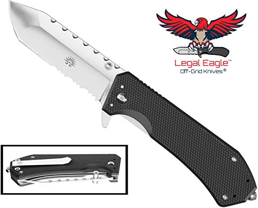 Off-Grid Knives - Legal Eagle Folding Knife, Legal Carry EDC Blade with Glass Breaker, Cryo Japanese AUS8 Steel, G10 Scales, Rides Deep in The Pocket, Tip-Up Left or Right Carry