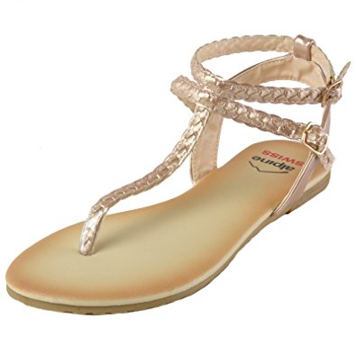 alpine swiss Women's Gladiator Sandals Braided T-Strap Slingback Roman Flats