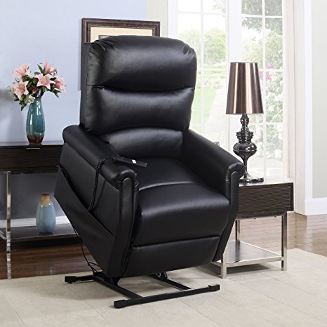 Divano Roma Furniture - Classic Plush Bonded Leather Power Lift Recliner Living Room Chair (Black)