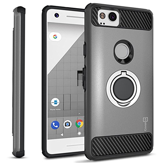 Google Pixel 2 Case with Ring, CoverON RingCase Series Protective Phone Case with Carbon Fiber Accents and Finger Ring Grip - Gunmetal Gray and Black