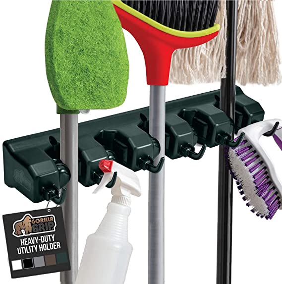 Gorilla Grip Premium Mop and Broom Holder, 5 Auto Adjust Slots, 6 Hooks, Holds Up to 50 Lbs, Easy Install Wall Mount, Store Cleaning and Gardening Tools, Organize Kitchen, Storage Rooms, Hunter Green
