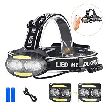 LED Headlamp Sensor USB Rechargeable Headlamp 5 Modes Headlamp Waterproof Headlight With 2PCS Rechargeable Batteries for Camping, Hiking, Dog Walking,Runners