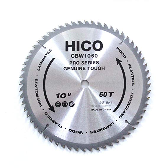HICO 10" 60-Tooth ATB Miter Saw Blade Thin Kerf General Purpose Saw Blade with 5/8-Inch Arbor for Softwood Hardwood Plywood