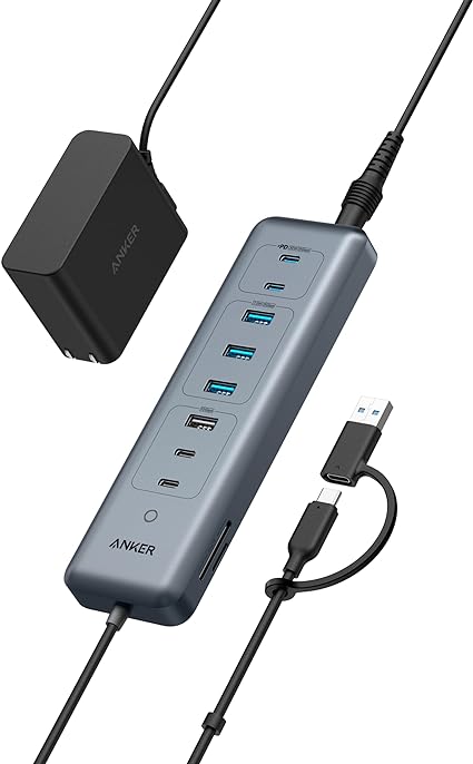 Anker USB-C Hub,11-in-1 10Gbps Data Hub with 4 USB-A and 4 USB-C Ports, 100W USB-C PD-in, Card Reader, 2-in-1 USB Connector, for USB-A and USB-C Laptop, MacBook, iPad and More (65W Adapter Included)