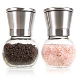 Deluxe Stainless Steel Salt and Pepper Grinder Set - Brushed Stainless Steel Pepper Mill and Salt Mill Glass Round Body Adjustable Ceramic Rotor By Simple Kitchen Products
