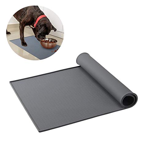 Ewolee Pet Food Mat, Non Slip Waterproof Silicone Pet Feeding Mat Pet Food Tray, Pet Placemat Bowl Mat for Dog and Cat (19" x 12" x 0.3" Gray)