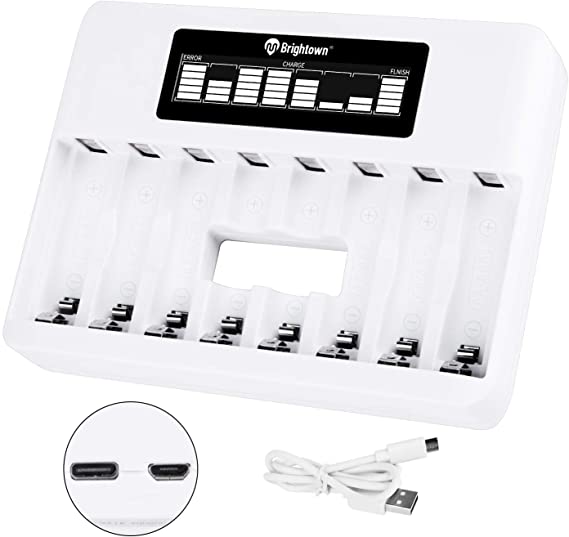 AA AAA Battery Charger 8 Bay, Independent Slot, LCD Display, USB High-Speed Charging, Ni-MH Ni-CD Rechargeable Batteries Charger, Micro USB Cable Included, No Adapter