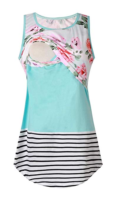 Pinleck Women's Breastfeeding Nursing Tops Striped Floral Lace Long/Short Stitching T-Shirt Tank Top Dress Vest T-Shirt