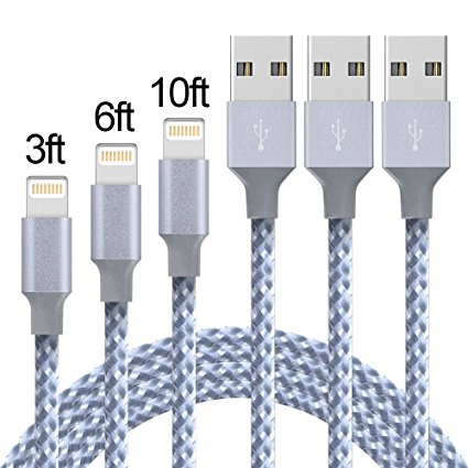 iPhone Cable, Lightning Cable 3Pack 3FT 6FT 10FT Charger to USB Syncing and Charging Cable Data Nylon Braided Cord for iPhone 7/7 Plus/6/6 Plus/6s/6s Plus/5/5s/5c/SE and more(Gray&White)