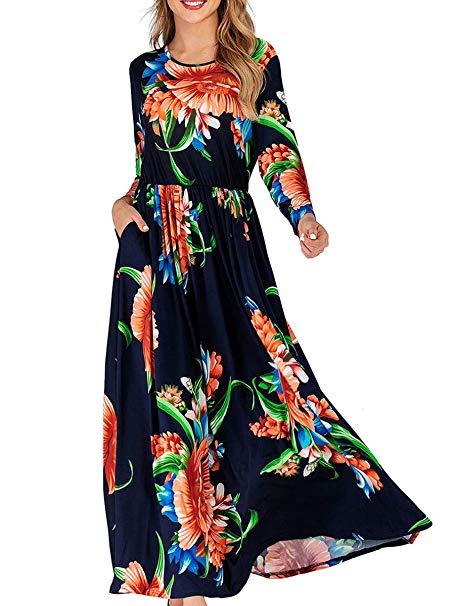 Maxi Dresses for Women Long Sleeve Casual Floral Maxi Dress with Pockets