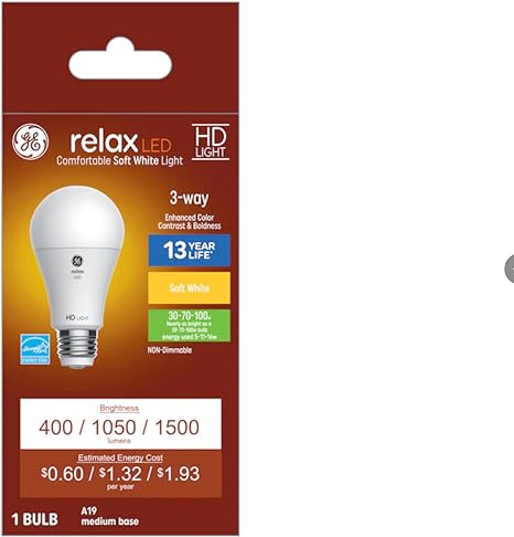 GE Relax LED 3-Way Light Bulb, 5/11/16 Watt, Soft White, A19 Bulb with Medium Base (Pack of 1 ( 5/11/16 Watt)