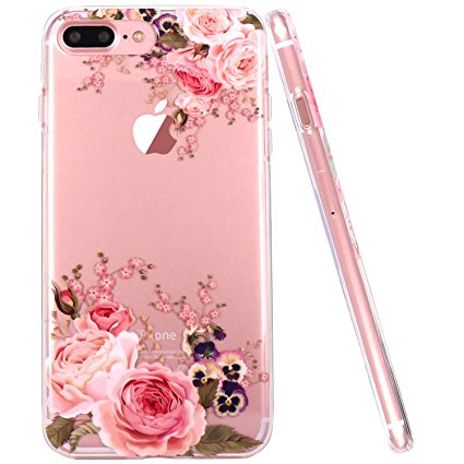 iPhone 7 Plus Case, JAHOLAN Girls Floral Pattern Clear TPU Soft Slim Flexible Silicone Glossy Phone case for Apple iPhone 7 Plus - Rose Flower
