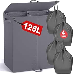 Double Laundry Hamper with Lid and 4 Removable Laundry Bags, Collapsible Laundry Hamper 2 Section Dirty Clothes Hamper with Handles for Laundry, Bedroom, Bathroom, Dorm, Grey