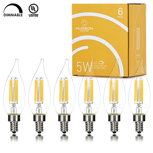 Hudson Lighting Dimmable LED Flame Tip Candelabra Bulb- UL Listed- 5 Watt- 450 Lumen- E12 Base- 2700K- Indoor or Outdoor- 6 Pack