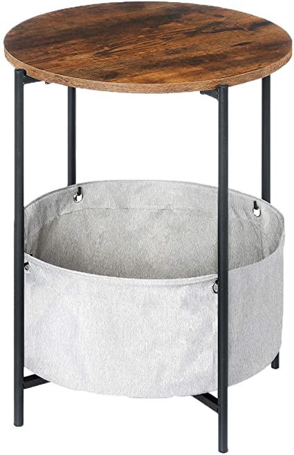 KingSo Round Side Table 2-Tier Industrial Nightstand with Storage Basket Metal Frame End Table Easy Assembly & Sturdy Sofa Coffee Table for Living Room, Bedroom, Rustic Brown