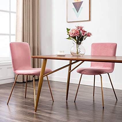 Art-Leon Dining Chairs Set of 2, Mid Century Modern Simple Velvet Fabric Upholstered Dining Side Chairs with Gold Metal Legs Cute Desk Chairs for Kitchen Living Room Bedroom Office, Sakura Pink