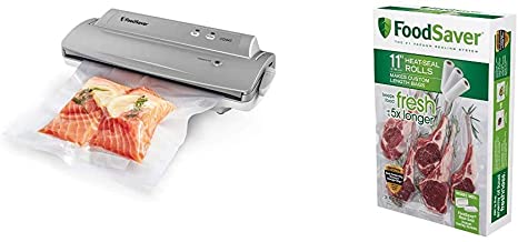 FoodSaver V2244 Vacuum Sealer Machine for Food Preservation with Bags and Rolls Starter Kit, Silver & 11" x 16' Vacuum Seal Roll | Make Custom-Sized BPA-Free Vacuum Sealer Bags | 3-Pack