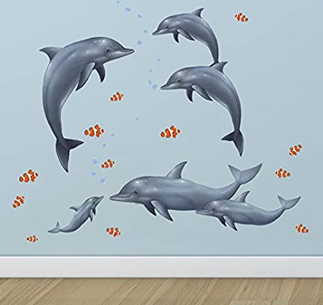 Create-A-Mural Dolphin Family Wall Decals, Fish & Bubble Wall Stickers, Under The Sea Peel & Stick Ocean Kids Room Decor