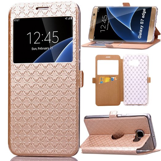S7 Edge Case, Galaxy S7 Edge Case, ArtMine Quilted Plain Color Window View Function PU Leather Flip Folio Book Style Card Slots Kickstand Wallet Phone Case for Samsung Galaxy S7 Edge Golden