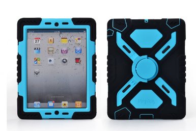 Pepkoo Ipad 234 Case Plastic Kid Proof Extreme Duty Dual Protective Back Cover with Kickstand and Sticker for Ipad 432 - Rainproof Sandproof Dust-proof Shockproof Blackblue