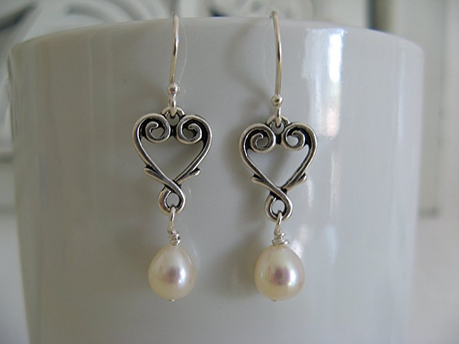 Cultured Freshwater Pearl Vine Heart Charms and Sterling Silver Earrings Handcrafted